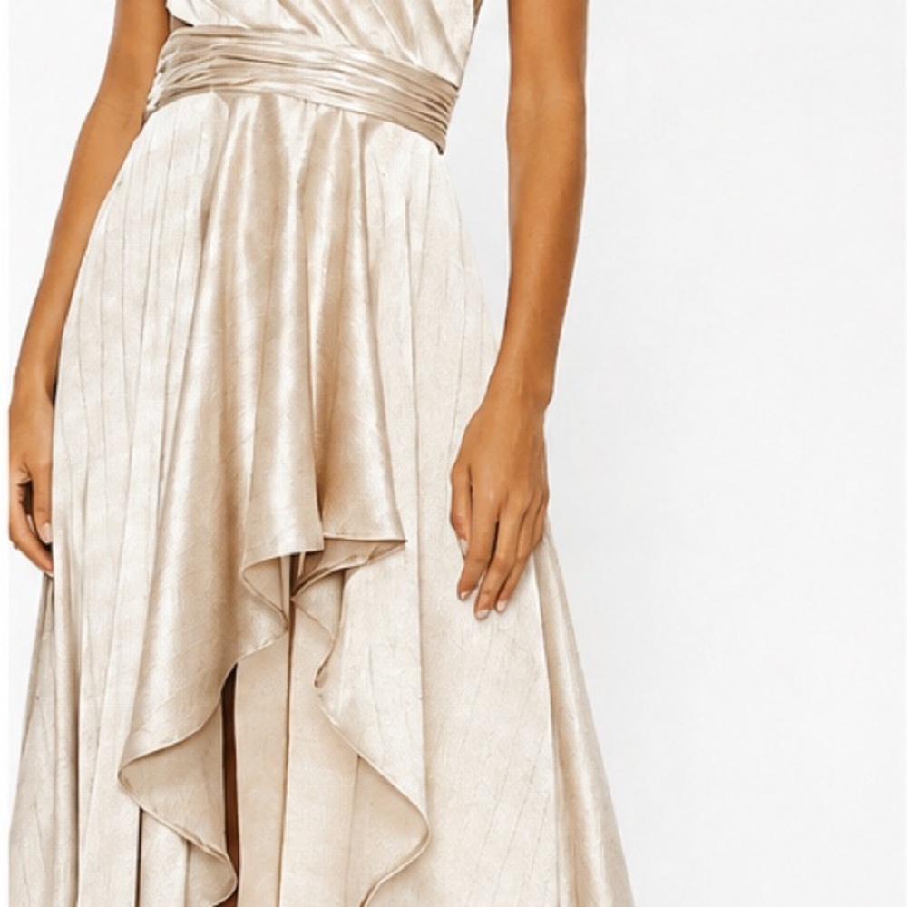 Mac Duggal Satin Champagne High-Low Evening Gown